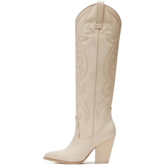 Women White Embroidered Pointed Toe Knee High Western Chunky Heels Boots - Picture 1 of 7